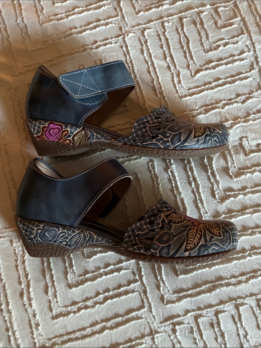 L'ATISTE Navy Leather Mary Janes with Pink & Orange Floral Emboss - Picture 3 of 11
